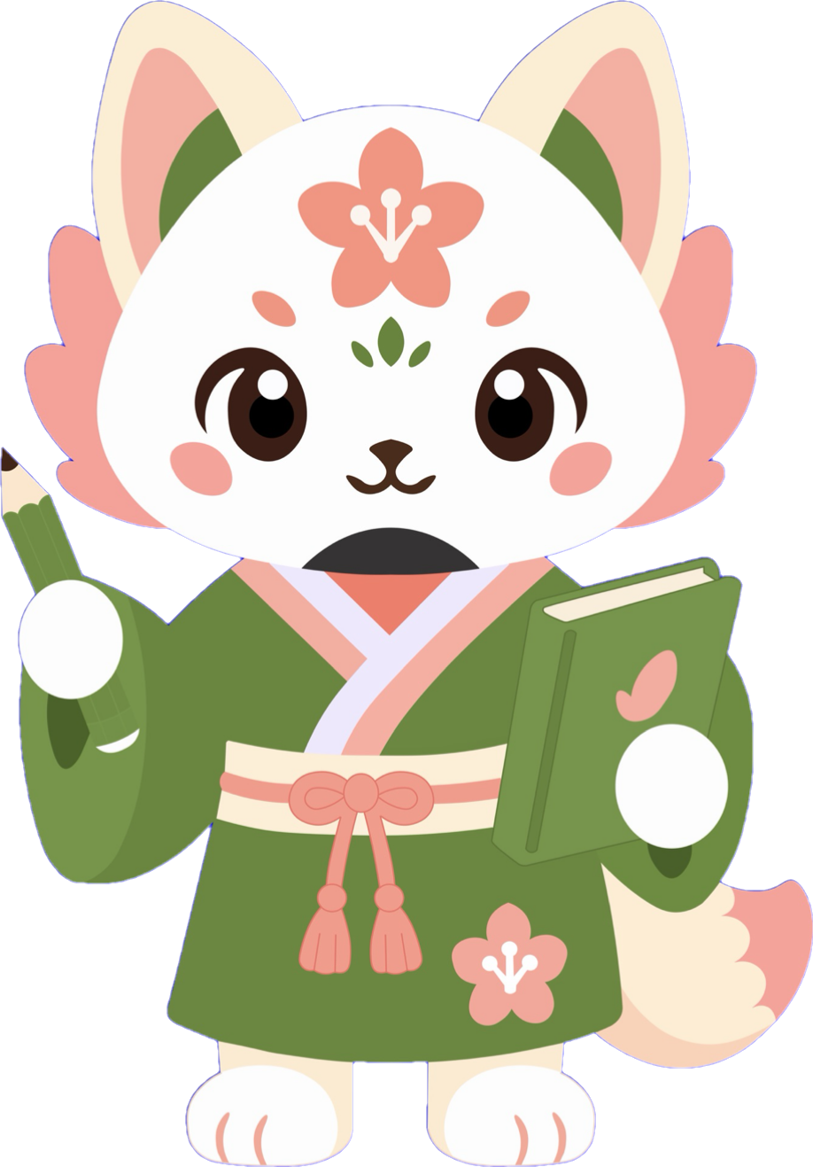 Moshi, a white shiba dog in a green kimono